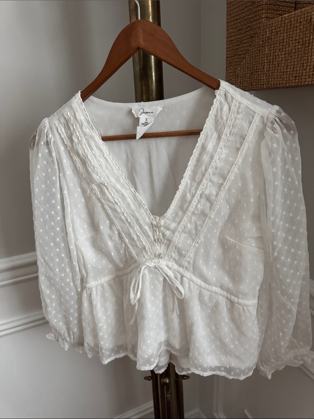 Japna White Swiss Dot V-Neck Peplum Tie Blouse
